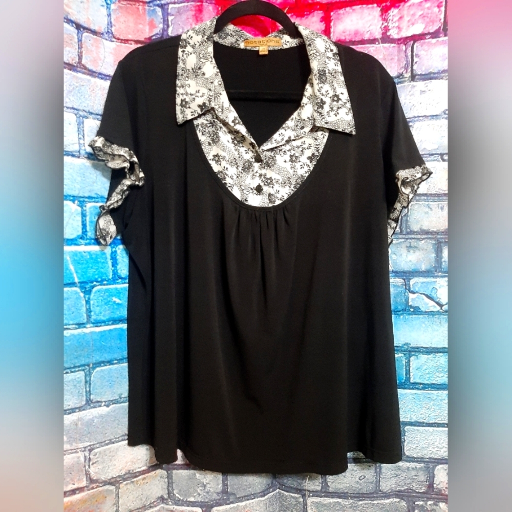 Notations Black Pull Over Blouse with White Floral Accents 2X